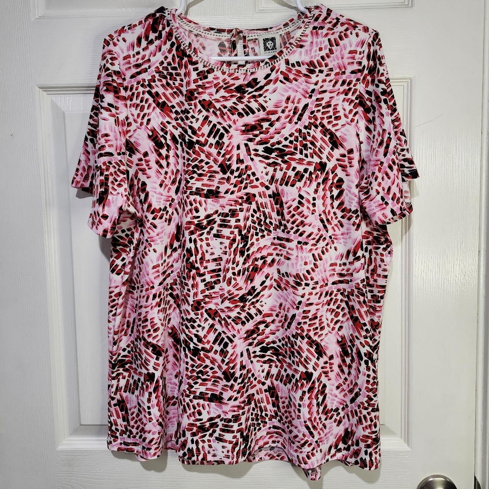 Anne Klein Womens Firery Red Print Top Size 1X